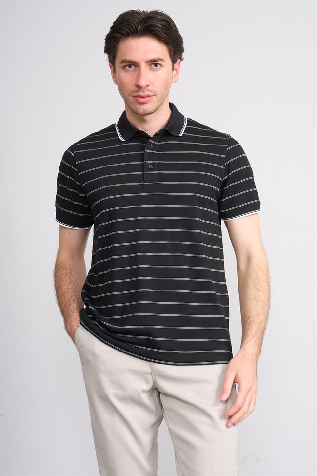 Çetinkaya Mentality 4557 Polo Yaka Regular Çizgili T-shirt Siyah-Beyaz