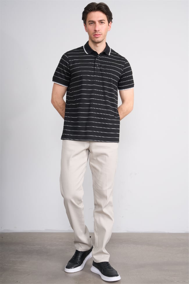 Çetinkaya Mentality 4557 Polo Yaka Regular Çizgili T-shirt Siyah-Beyaz