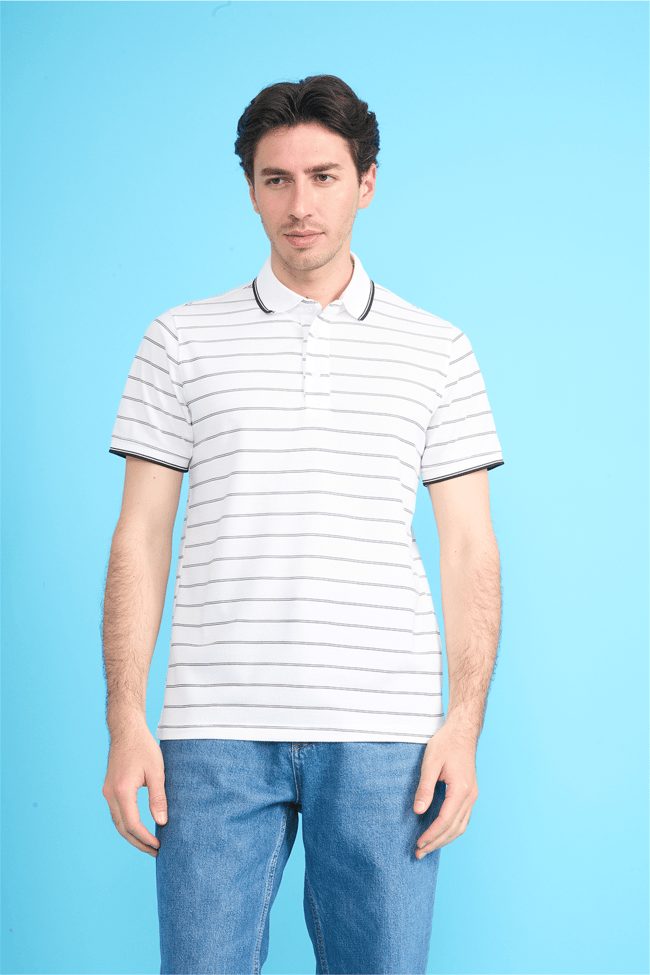Çetinkaya Mentality 4557 Polo Yaka Regular Çizgili T-shirt Beyaz-Siyah