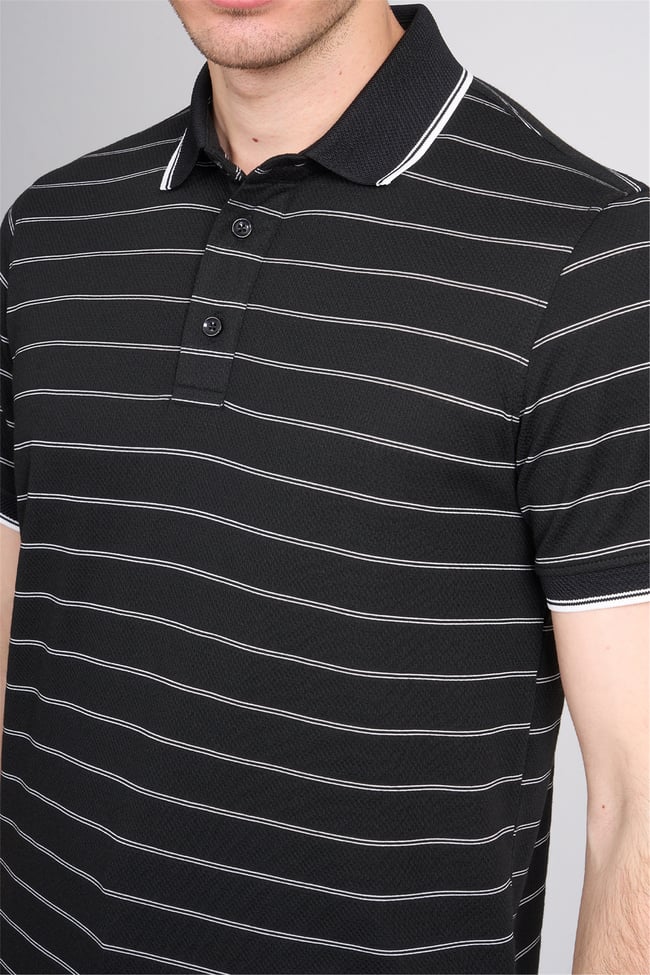 Çetinkaya Mentality 4557 Polo Yaka Regular Çizgili T-shirt Siyah-Beyaz