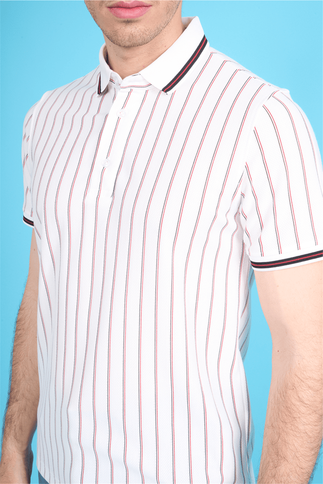 Çetinkaya Mentality 4564 Polo Yaka Regular Çizgili T-shirt Beyaz-Siyah