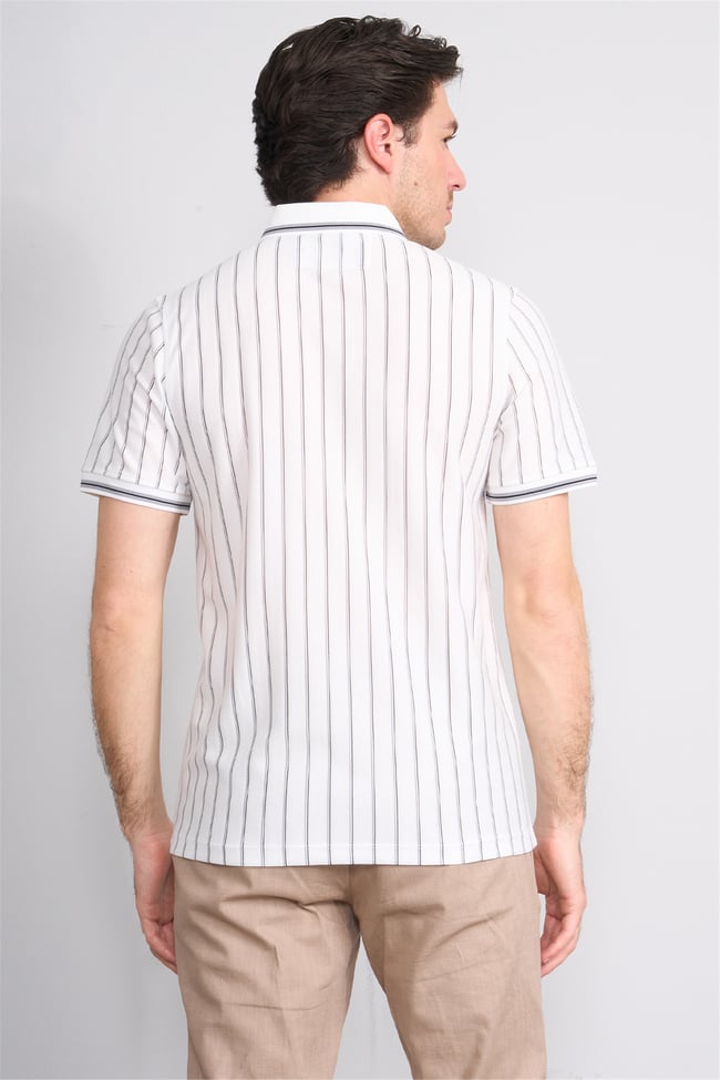 Çetinkaya Mentality 4564 Polo Yaka Regular Çizgili T-shirt Beyaz-Gri