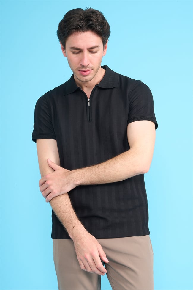 Çetinkaya Mentality 4611 Fermuarlı Polo Yaka Regular Modelli T-shirt Siyah
