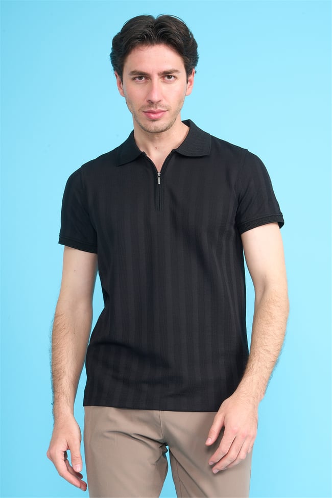 Çetinkaya Mentality 4611 Fermuarlı Polo Yaka Regular Modelli T-shirt Siyah