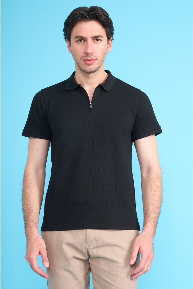 Çetinkaya Mentality 4612 Fermuarlı Polo Yaka Regular Modelli T-shirt Siyah