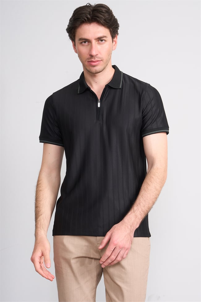 Çetinkaya Mentality 4613 Fermuarlı Polo Yaka Regular Modelli T-shirt Siyah