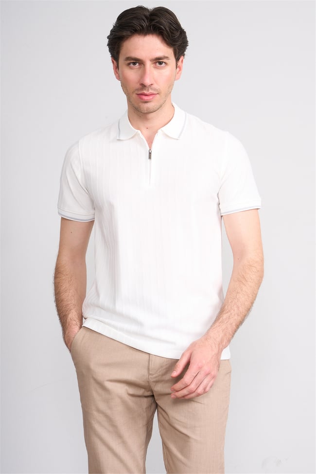 Çetinkaya Mentality 4613 Fermuarlı Polo Yaka Regular Modelli T-shirt Beyaz
