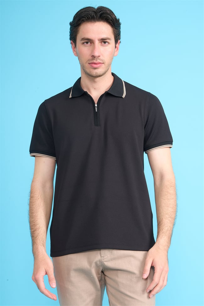 Çetinkaya Mentality 4615 Fermuarlı Polo Yaka Regular Modelli T-shirt Siyah