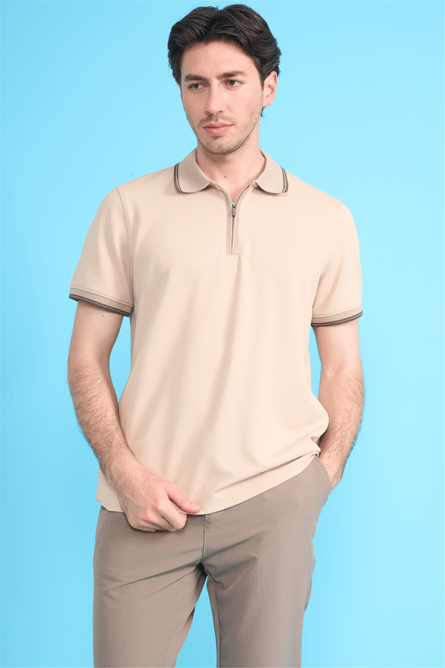 Çetinkaya Mentality 4615 Fermuarlı Polo Yaka Regular Modelli T-shirt Bej