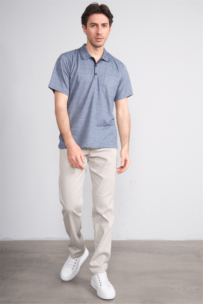 Çetinkaya Mentality 4706 Polo Yaka Regular Ringel Jakar T-shirt Lacivert - Beyaz