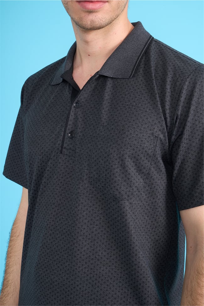 Çetinkaya Mentality 4707 Polo Yaka Regular Ringel Jakar T-shirt Siyah - Füme