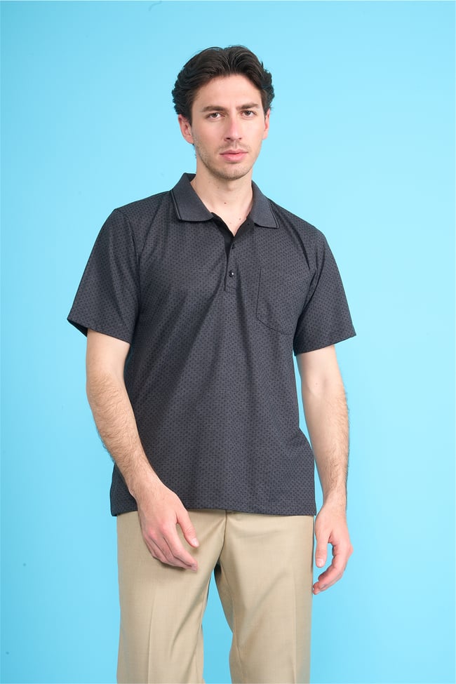 Çetinkaya Mentality 4707 Polo Yaka Regular Ringel Jakar T-shirt Siyah - Füme