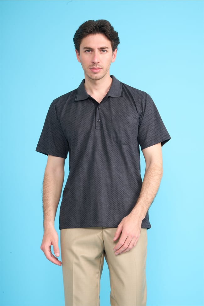 Çetinkaya Mentality 4707 Polo Yaka Regular Ringel Jakar T-shirt Siyah - Füme