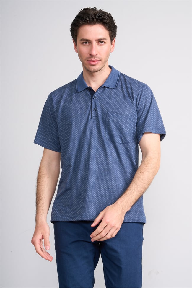 Çetinkaya Mentality 4707 Polo Yaka Regular Ringel Jakar T-shirt Lacivert - Açık İndigo