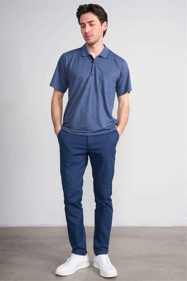 Çetinkaya Mentality 4707 Polo Yaka Regular Ringel Jakar T-shirt Lacivert - Açık İndigo