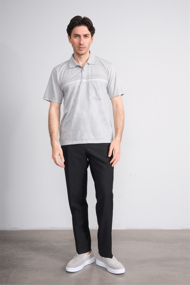 Çetinkaya Mentality 4712 Polo Yaka Regular Ringel Jakar T-shirt Gri