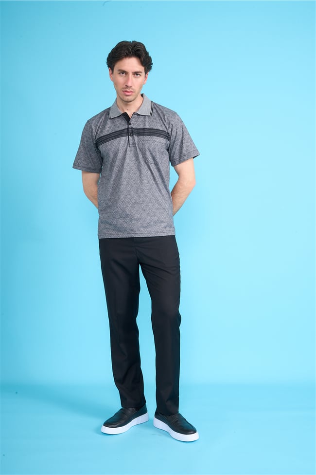 Çetinkaya Mentality 4716 Polo Yaka Regular Ringel Jakar T-shirt Siyah