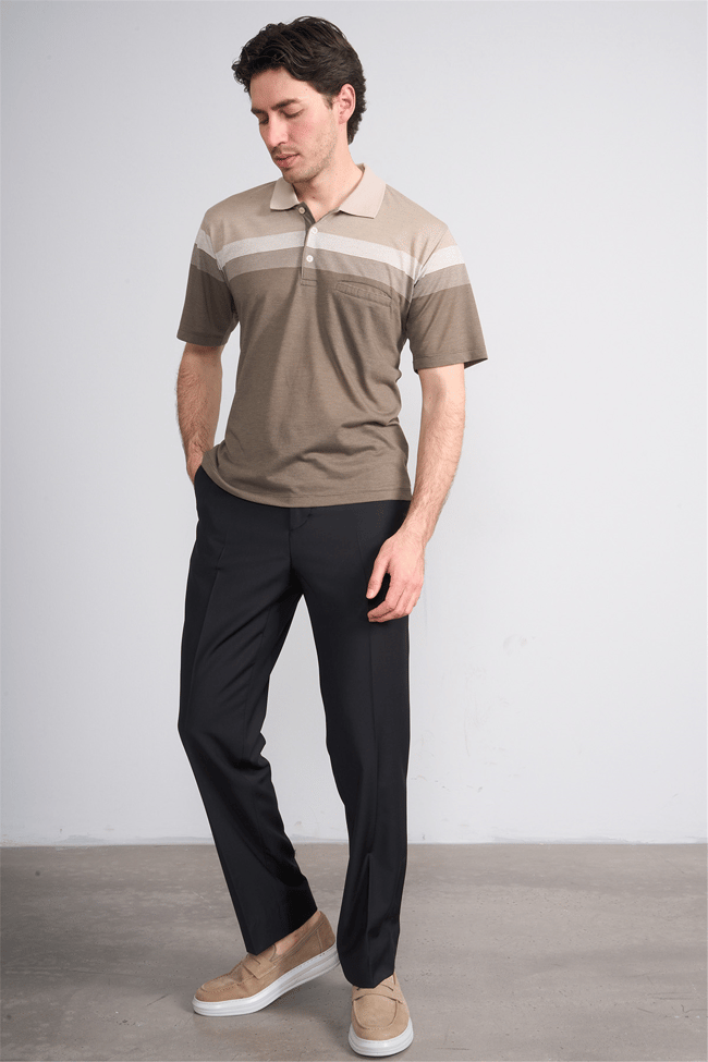Çetinkaya Mentality 4717 Polo Yaka Regular Ringel Jakar T-shirt Bej