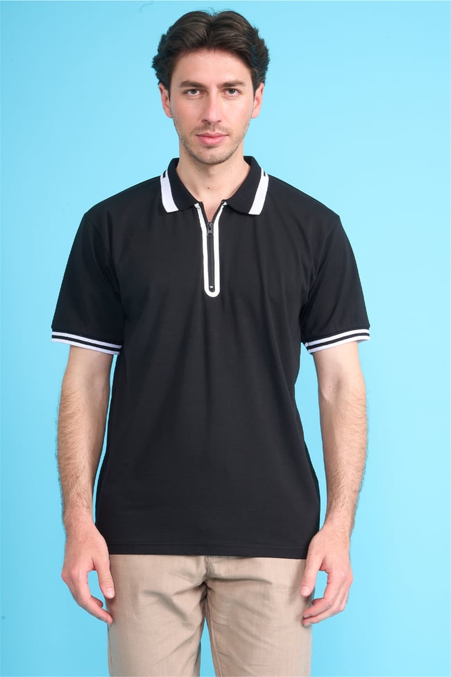 Çetinkaya Mentality 4771 Fermuarlı Polo Yaka Regular 30/1 Penye T-shirt Siyah