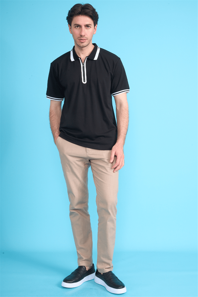 Çetinkaya Mentality 4771 Fermuarlı Polo Yaka Regular 30/1 Penye T-shirt Siyah