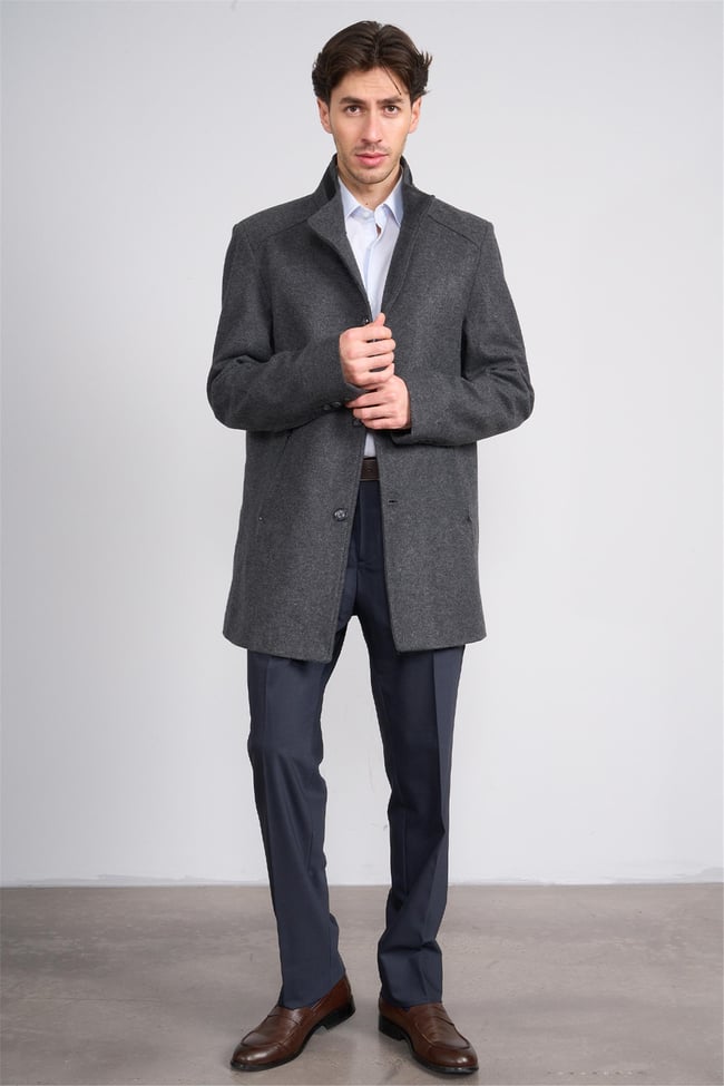 Çetinkaya Mentality 7850 Erkek Dik Yaka Regular Kaşe Kaban Antrasit