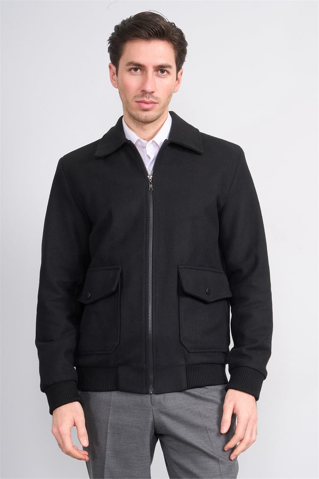 Çetinkaya Mentality 7988 Erkek Yaka Fermuarlı Kaşe Kaban Siyah