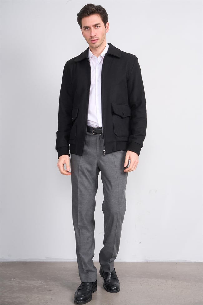 Çetinkaya Mentality 7988 Erkek Yaka Fermuarlı Kaşe Kaban Siyah