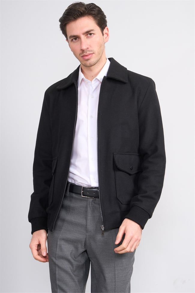 Çetinkaya Mentality 7988 Erkek Yaka Fermuarlı Kaşe Kaban Siyah