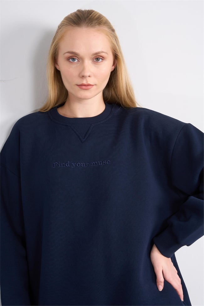 Çetinkaya Miya Mira Modest 8500 Kadın Bisiklet Yaka 3 İplik Loose Fit Sweatshirt Lacivert