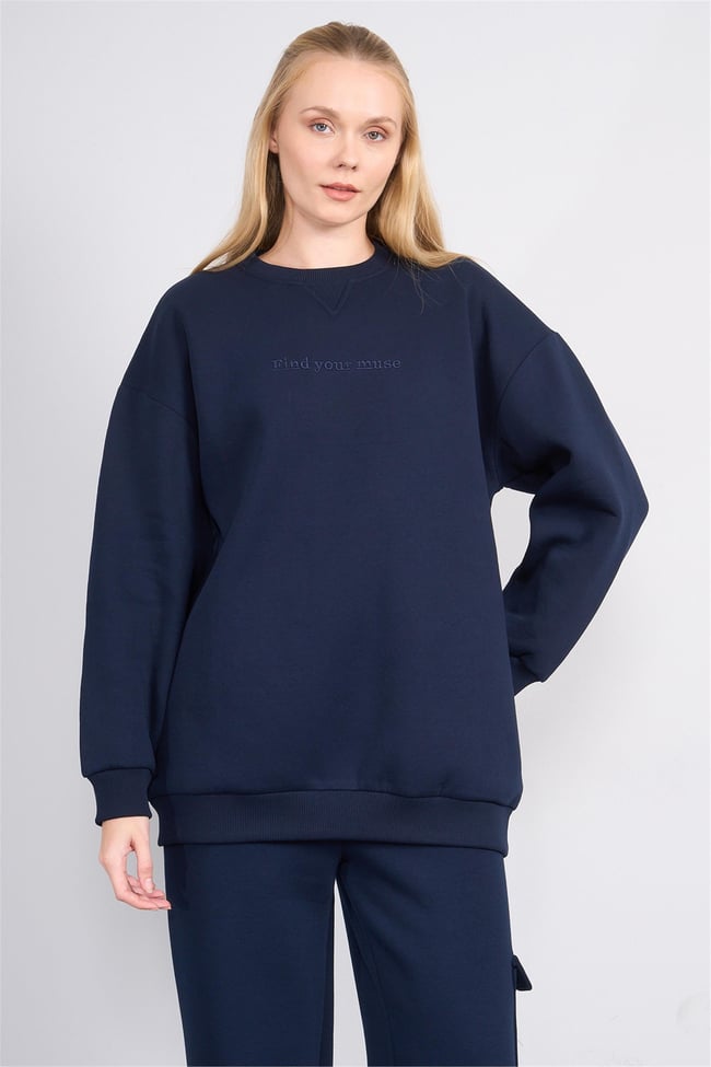 Çetinkaya Miya Mira Modest 8500 Kadın Bisiklet Yaka 3 İplik Loose Fit Sweatshirt Lacivert