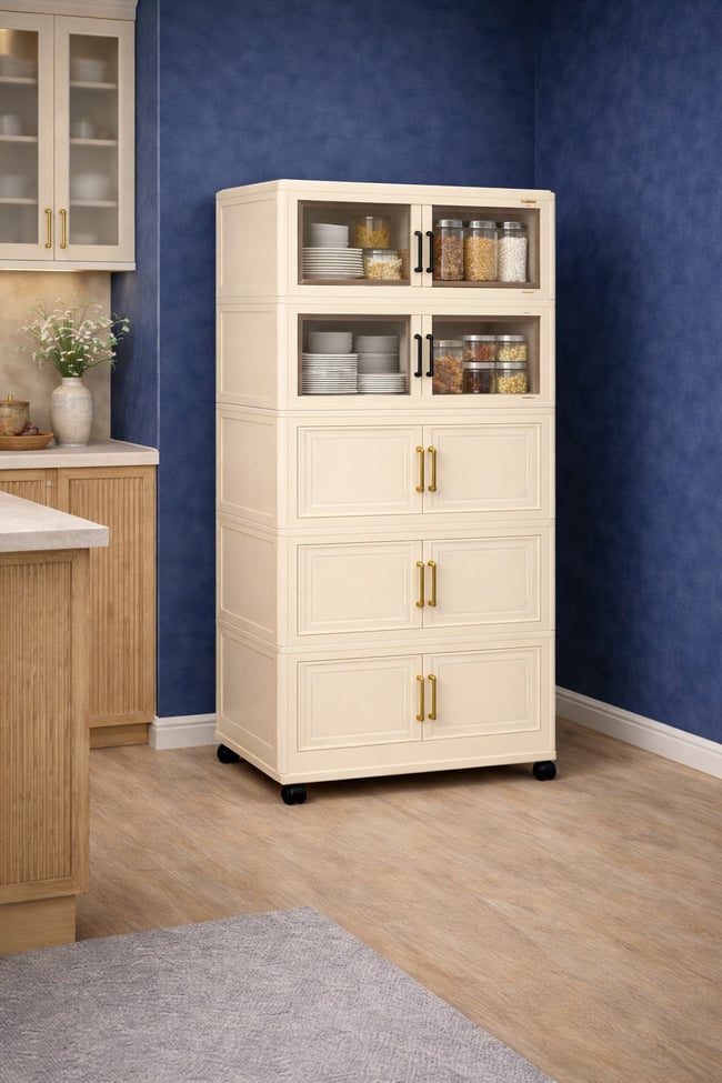 Çok Katlı Tekerlekli Modüler Saklama Dolabı | Şeffaf Kapaklı Çok Amaçlı Düzenleyici Beyaz