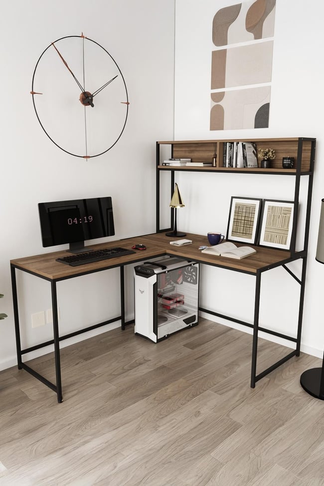 Deconode Cornermaster Raflı L Köşe Çalışma Masası Siyah-Kahverengi DN1151SK
