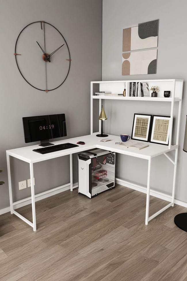 Deconode Cornermaster Raflı L Köşe Çalışma Masası Beyaz-Beyaz DN1151BB
