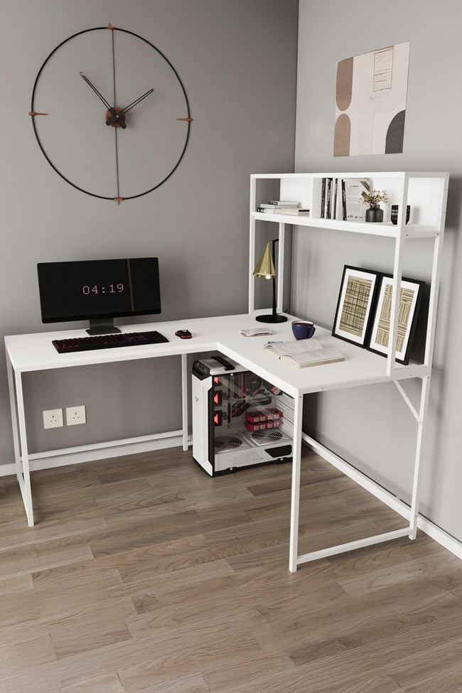 Deconode Cornermaster Raflı L Köşe Çalışma Masası Beyaz-Beyaz DN1151BB
