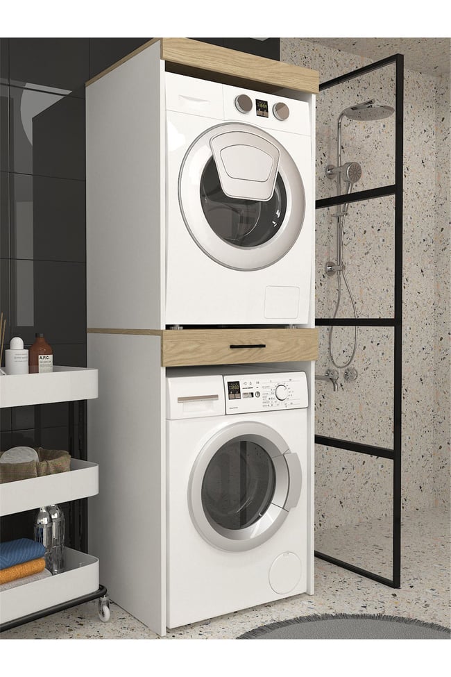 Dorpek Fika Çamaşır ve Kurutma Makinesi Dolabı Çok Amaçlı Dolap Banyo Dolabı Beyaz-Rota