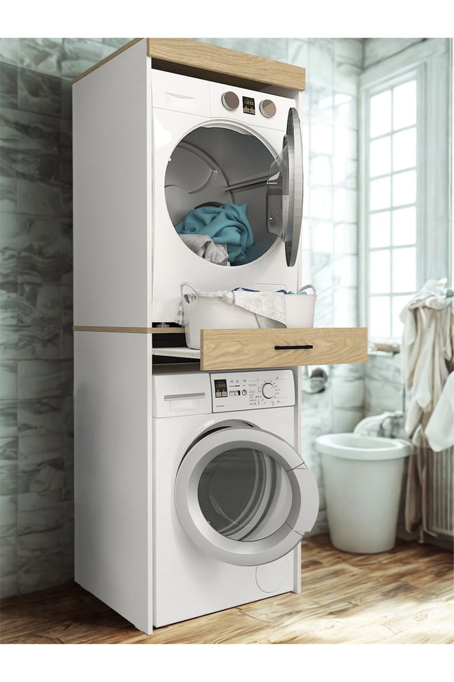 Dorpek Fika Çamaşır ve Kurutma Makinesi Dolabı Çok Amaçlı Dolap Banyo Dolabı Beyaz-Rota
