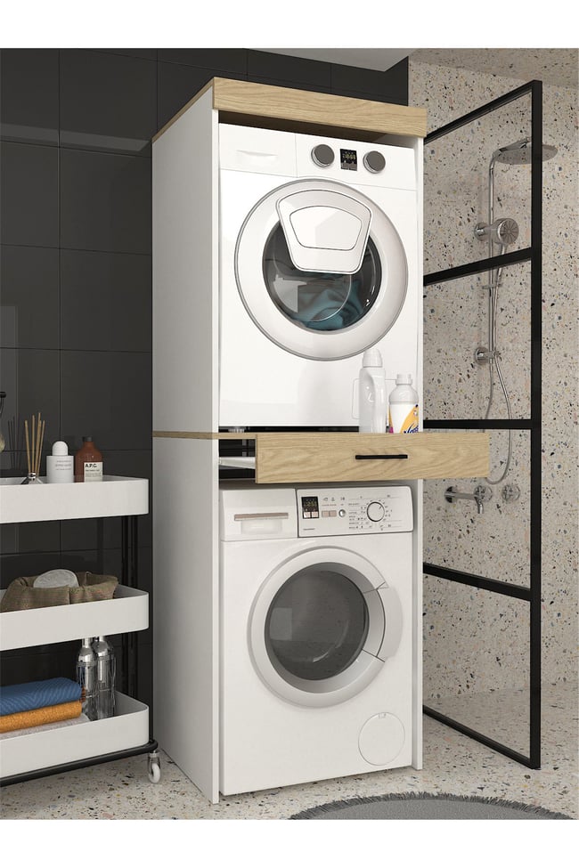 Dorpek Fika Çamaşır ve Kurutma Makinesi Dolabı Çok Amaçlı Dolap Banyo Dolabı Beyaz-Rota