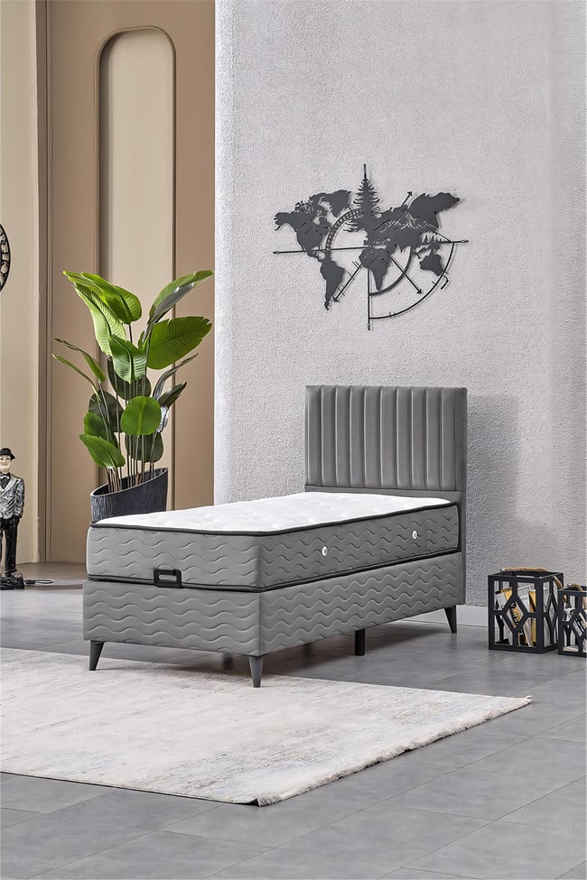 Evdemo Ezgi Tek Kişilik Baza Başlık Set Gri 90*190