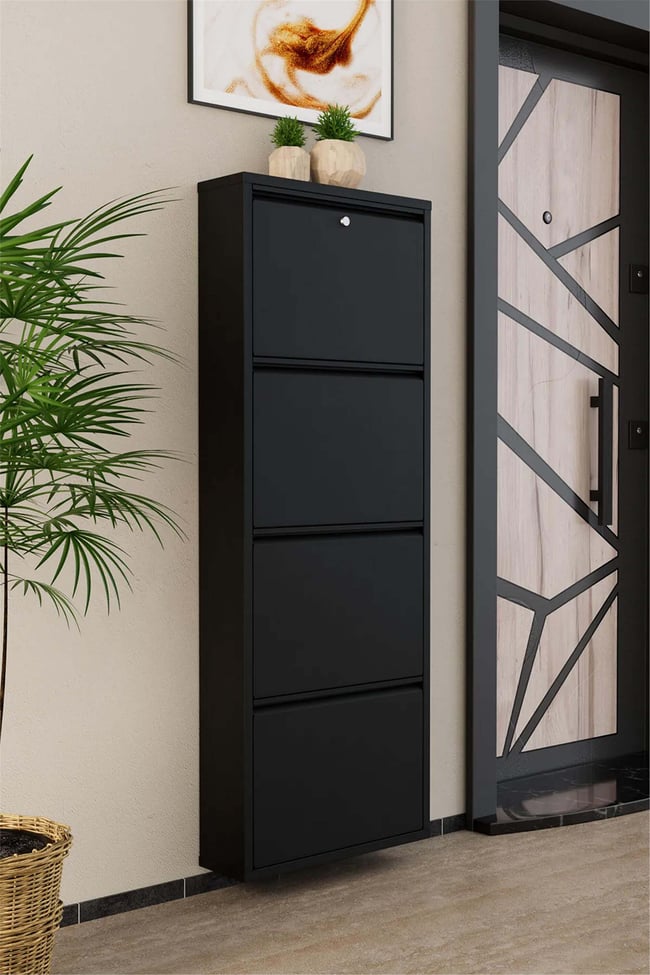 Evdemo Kilitli 4 Kapaklı Metal Ayakkabılık Siyah