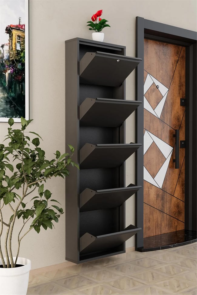 Evdemo Kilitli 5 Kapaklı Metal Ayakkabılık Antrasit