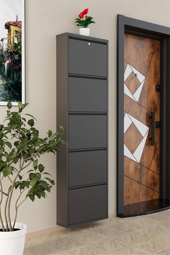 Evdemo Kilitli 5 Kapaklı Metal Ayakkabılık Antrasit