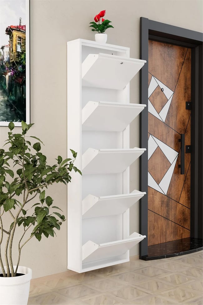 Evdemo Kilitli 5 Kapaklı Metal Ayakkabılık Beyaz