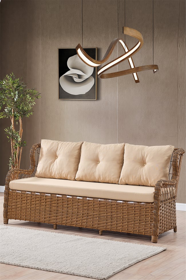 Evdemo Paris Rattan Puflu Bahçe Balkon Takımı 3+1+1 Cam Masalı Kahve