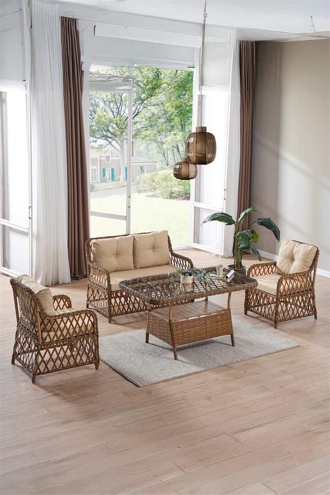 Evdemo Roma Rattan Bahçe Balkon Takımı 2+1+1 Cam Masalı Kahve