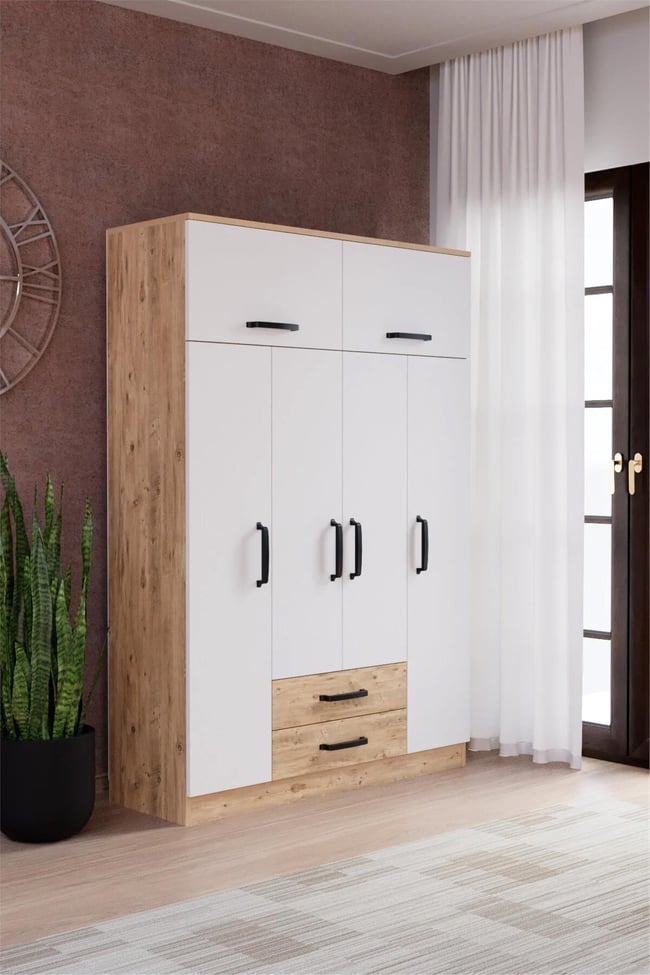 Evdemo Tema 6 Kapak 2 Çekmeceli Gardırop Atlantik Çam Beyaz