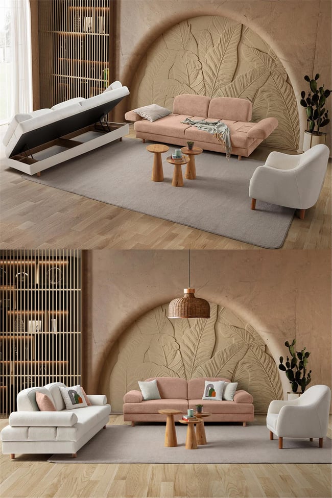Eymense Aries Yataklı Sandıklı Koltuk Takımı 3+3+1 Pembe
