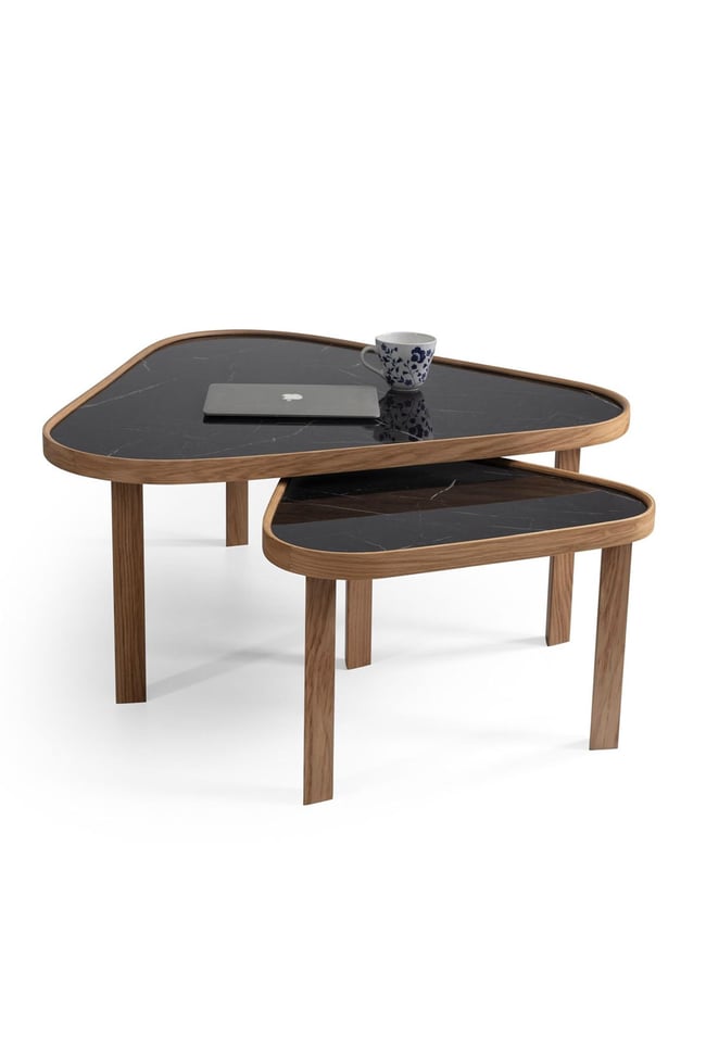 Eymense Leon Siyah Mermerli Meşe Yan Sehpalı İkili Orta Sehpa Siyah