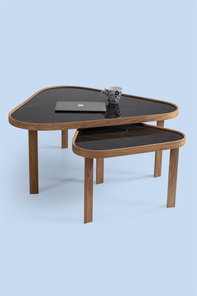 Eymense Leon Siyah Mermerli Meşe Yan Sehpalı İkili Orta Sehpa Siyah