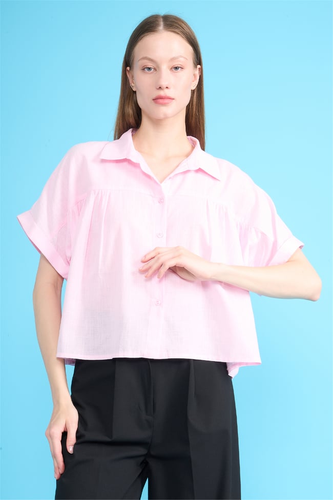 Fithit 1338 Kadın Kısa Kol Pamuk Flam Crop Gömlek Toz Pembe