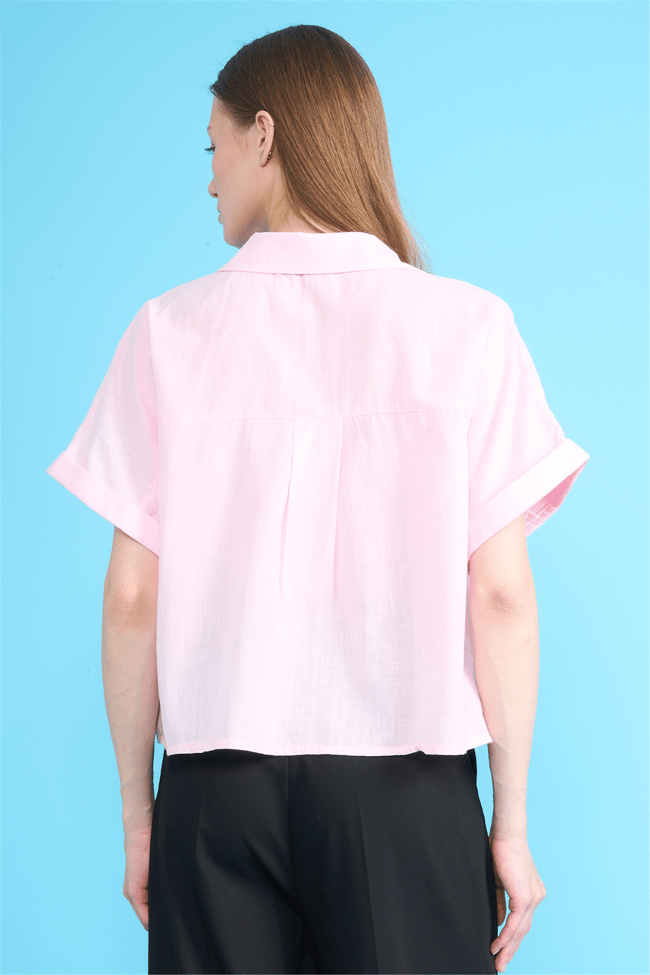 Fithit 1338 Kadın Kısa Kol Pamuk Flam Crop Gömlek Toz Pembe
